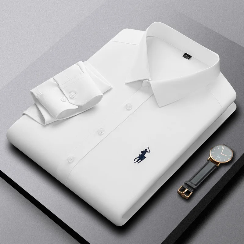 Men's Long Sleeve Shirt Casual Embroidered Polo Collar Pure Color Business Casual Top for Spring Autumn Season Polyester Fiber