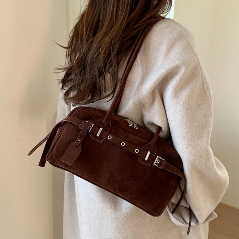 Retro Suede Underarm Women's Bag New Mini Motorcycle Bag Single Shoulder Handheld French Bread Bag Fashionable Splicing Elements