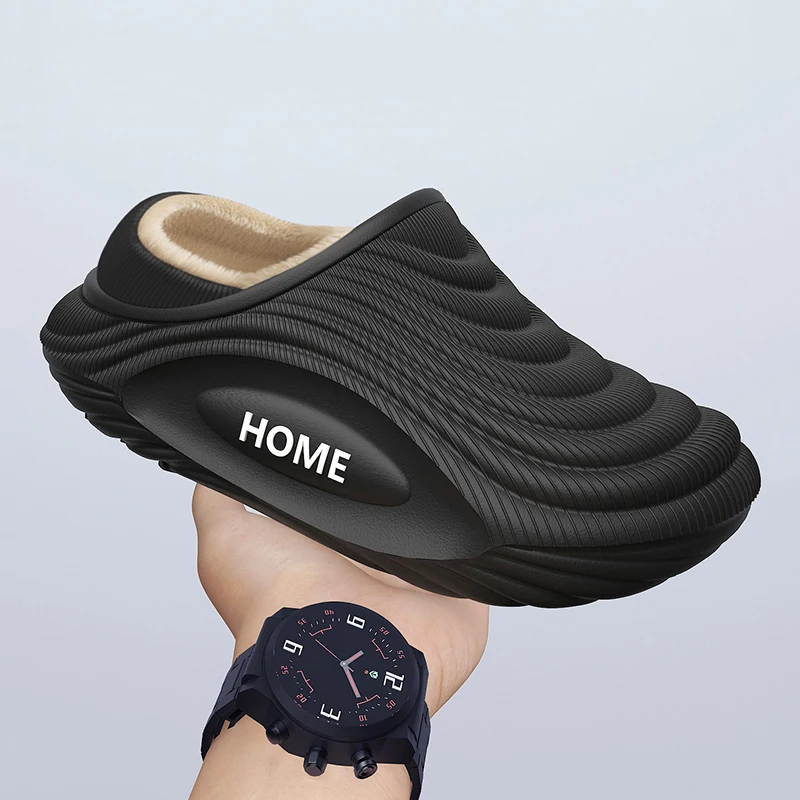 Casual Men‘s Warm Plush EVA Slippers Winter Platform Waterproof Indoor outdoor Shoes Woman Non Slip Furry Home Slippers