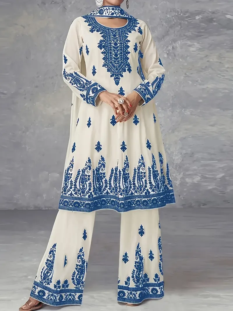 Plus size Middle East ethnic style leisure waist belt printed set top pants