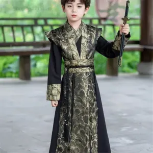 Middle Litter-aged Children's Spring Costume Brocade Satin Surface Chinese Traditional Knight-Errant Style Improved Child Hanfu