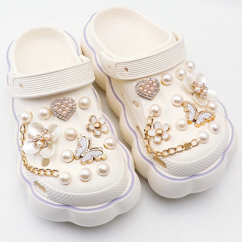 pearl Shoe Charms Set Creative DIY pink Shoe Flower Diamond butterfly Rhinestone Detachable Chain buckle Shoe Decoration 1 set