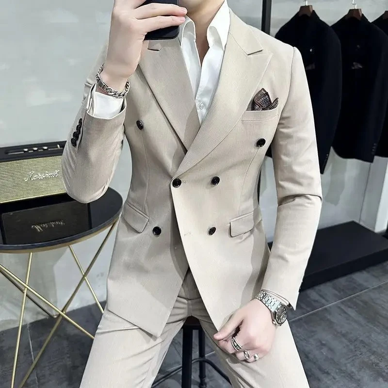 Men's Business Casual Suit Beige Black Gray Fashion British Double Breasted Slim Men Suit 2 Pcs Set (Blazer+ Pants ) Wedding