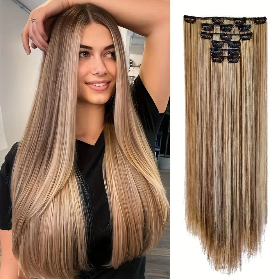 Clip In Hair Extensions, Hair Extensions Thick Long Lace Weft Lightweight Synthetic Hairpieces For Women Chocolate Brown With Go