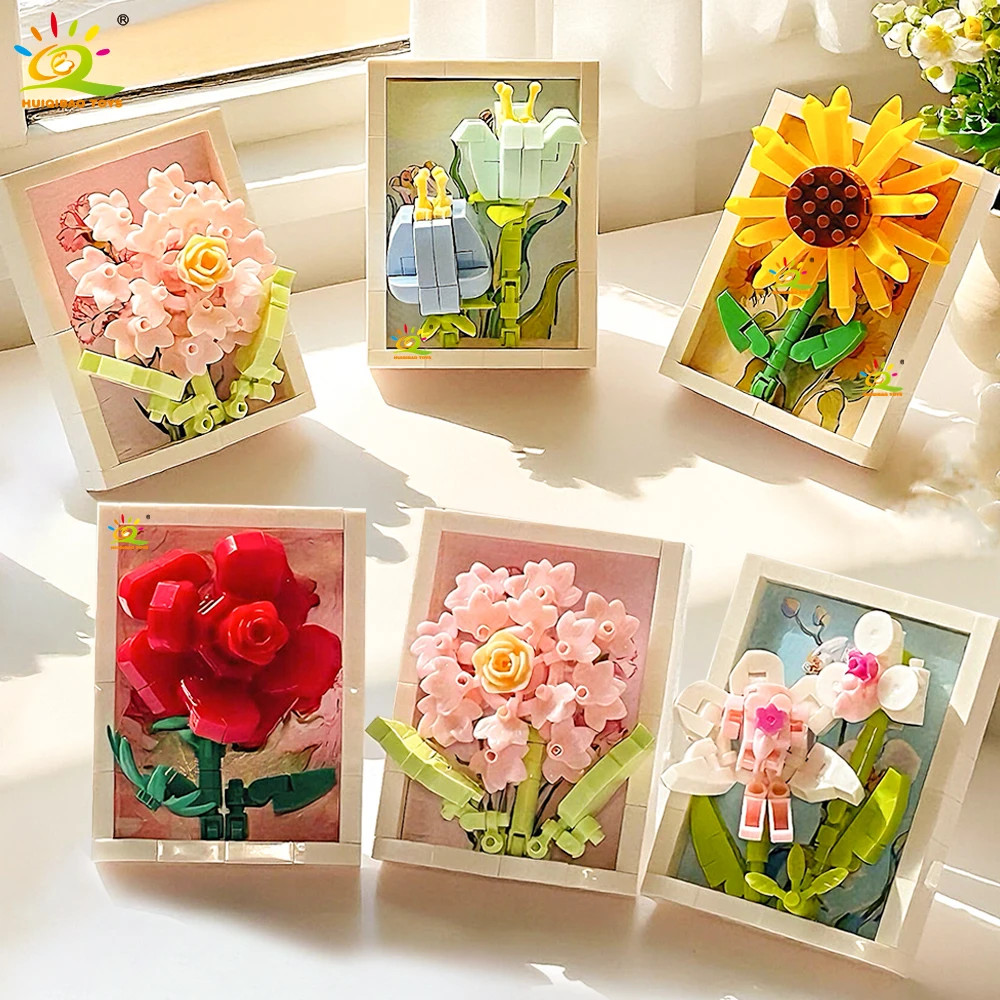 HUIQIBAO MOC Flower Photo Frame Model Micro Building Block Sunflower Rose Mini Diamond Brick Toy for Children Desk Decor.
