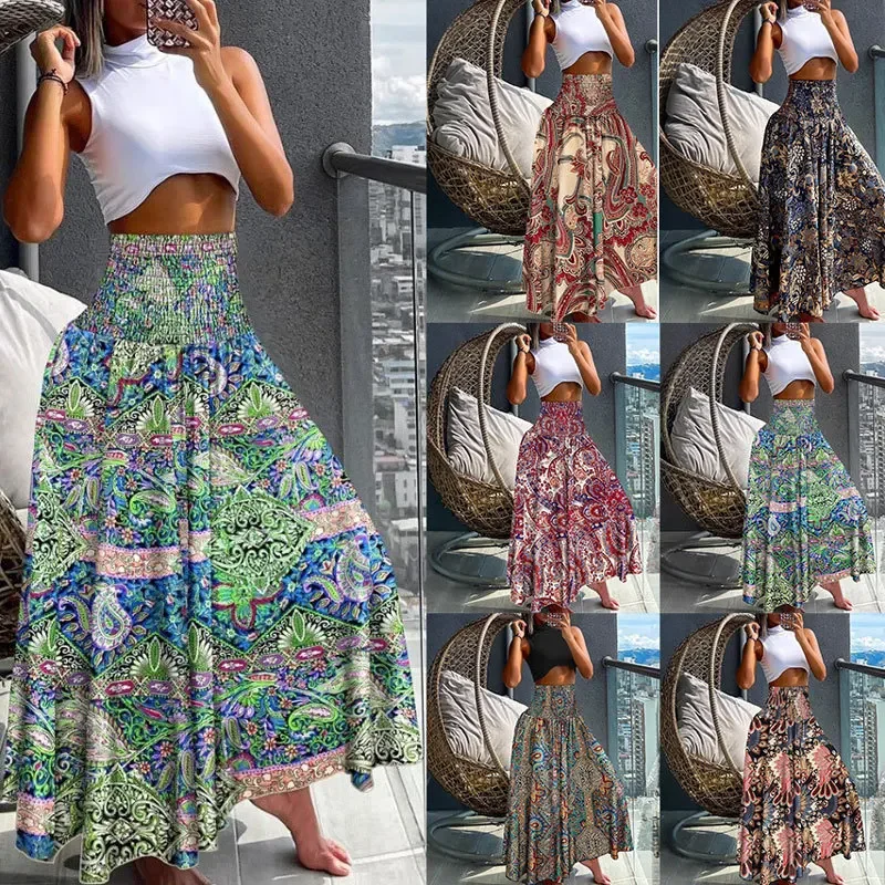 Summer 2025 Vintage Thin Beach Print Elastic Waist Half Skirt A- Line Big Flounce Skirts Polyester Fiber Floral Pattern