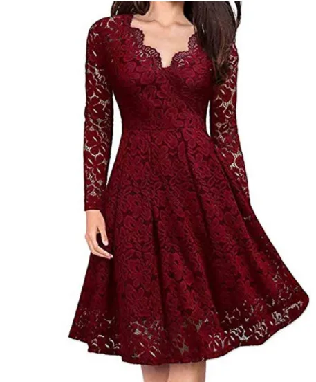 Women Summer Dress Autumn Spring Lace V Neck Long Sleeve Base Show Thin Temperament Hollw Out Woman Dresses Vestidos JYFS8858