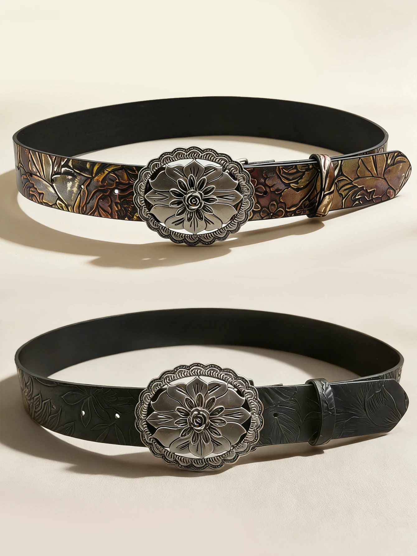 Vintage Floral Buckle Belt Two-Tone Embossed Unisex Waistband Retro Distressed Decorative Accessory