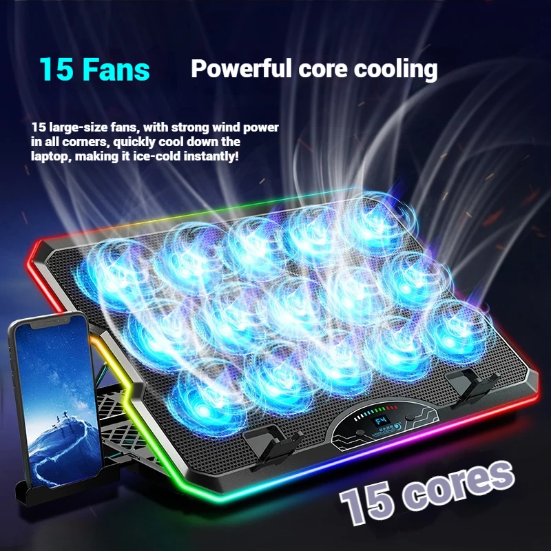 NEW Coolcold Laptop Cooler RGB Gaming Notebook Cool Stand Ergonomics 15 Fans USB TYPE-C Ports With HD Display For 12-17.3 inch