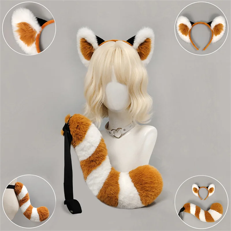 Game Anime Red Panda Cosplay Adult Ears Headband Furry Headdress Plush Tail Headwear Halloween Xmas Cute Lolita Play Role Props