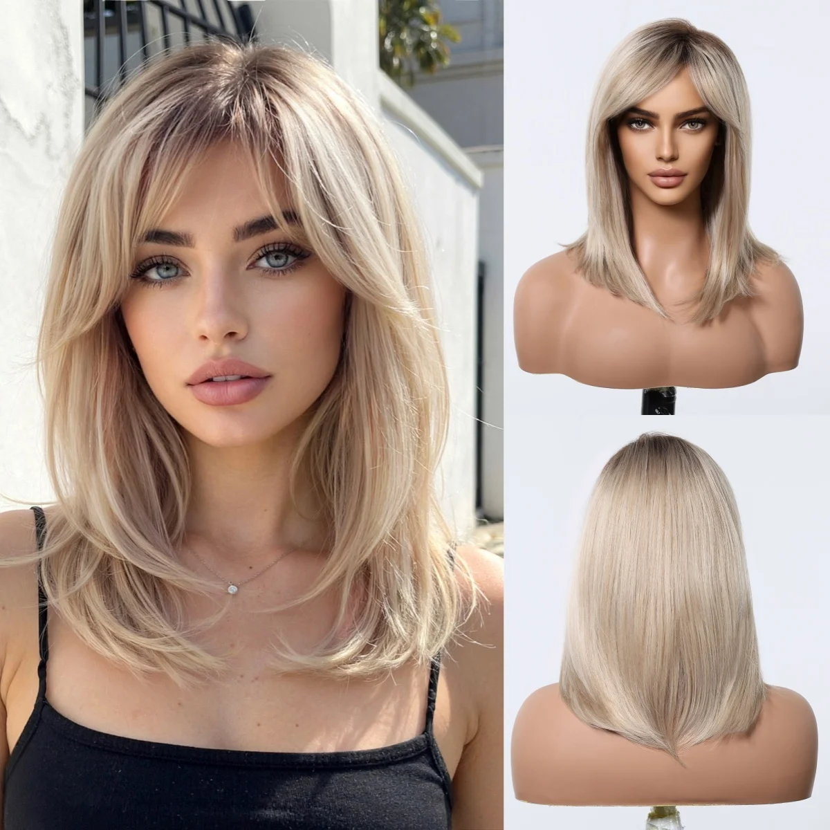 Synthetic Blonde Mixed Platinum Straight Wigs Medium Length Dark Root Wig With Bangs for Women Daily Party Heat Resistant
