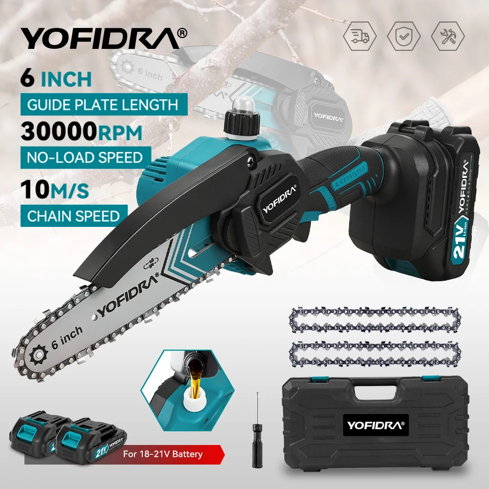 YOFIDRA 6 Inch Electric Chainsaw Cordless Oiler Garden Wood Cutting Logging Pruning Saw Power Tool For Makita 21V Battery Pin