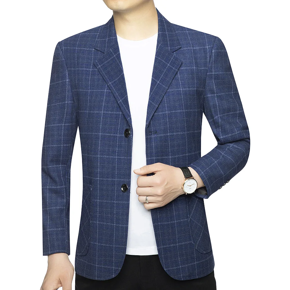 Men Blazer Spring Autumn Turn Down Collar Plaid Pocket Male Suit Coat Non-ironing Long Sleeve Slim Breathable Man Outerwear