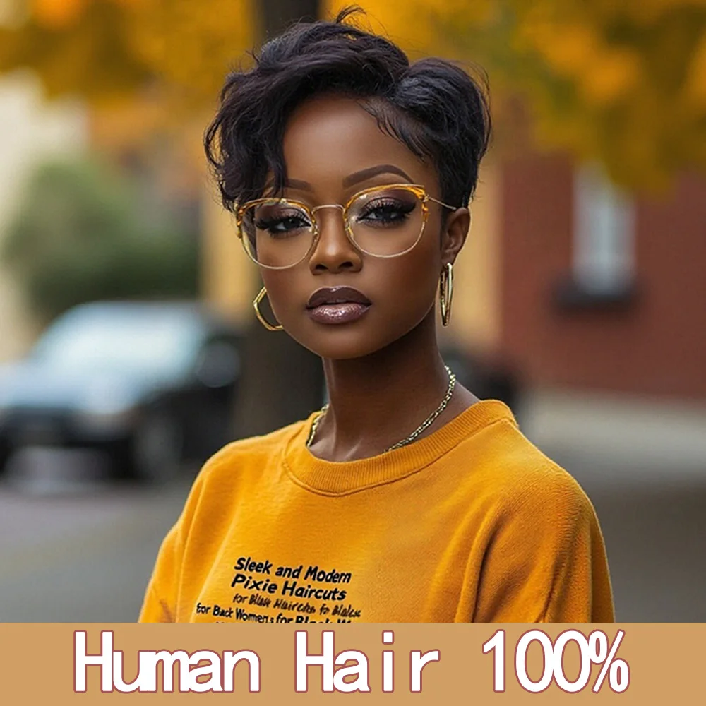 Short 100% Human Hair Women Pixie Cut Wig | Natural Looking Bob with Layered Straight Hair Hight Density Machine Made