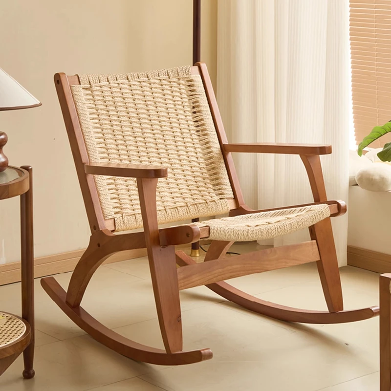 Solid Wood Rattan Sofa Chair Home Living Room Balcony Casual Single Rocking Chair Relaxing Comfortable Tumbona Furniture