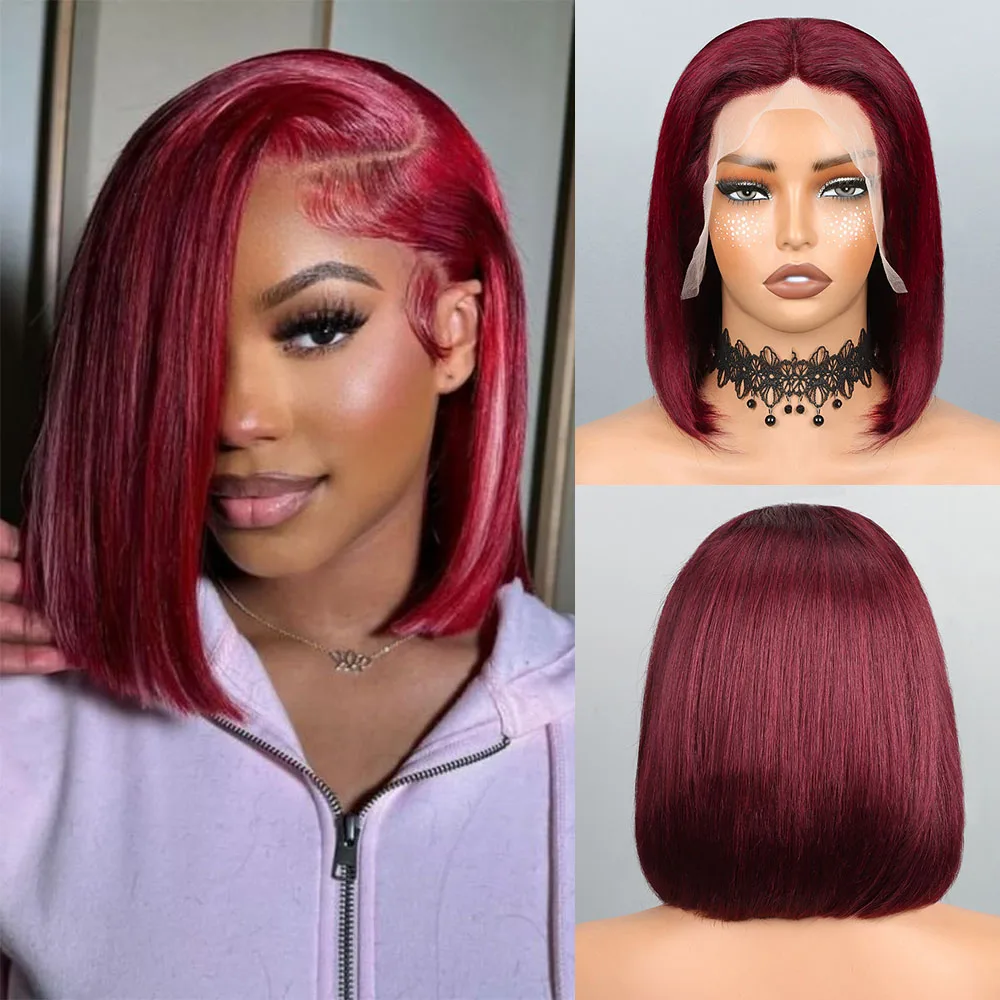 Straight Short Bob Wig Lace Front Human Hair Wigs 210% Blonde Brown 99j Burgundy 13x4 HD Transparent Lace Frontal Wig for Women