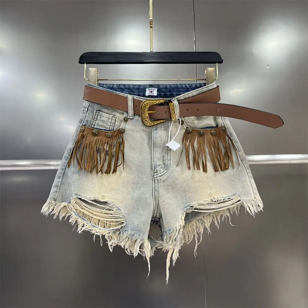 Short Jean Pants Woman Fringe Boxer Ripped Wide Denim Shorts for Women Y2k Vintage Outdoor Casual Streetwear Classic Trend 2025