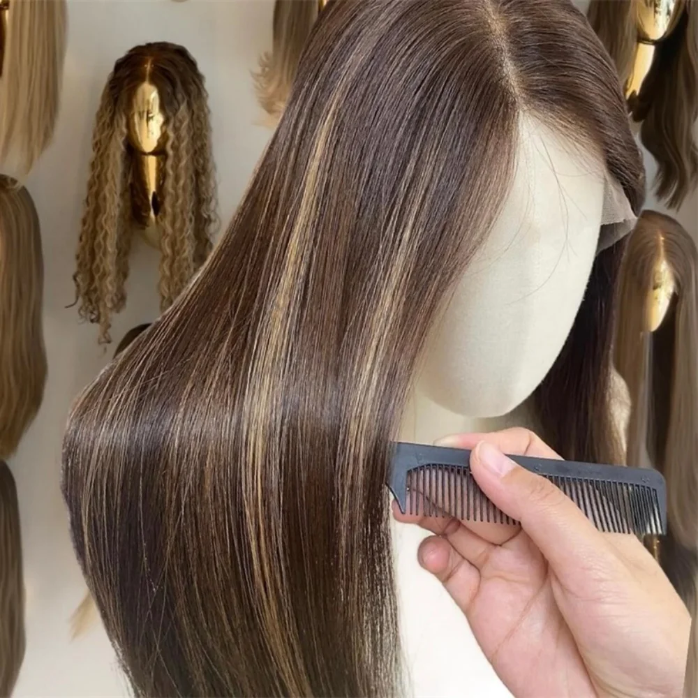 Soft Highlight Blond Glueless 26'' Silky Straight 5x5 Silk Base Jewish Human Hair Wig Baby Hair HD Lace European Hair Preplucked