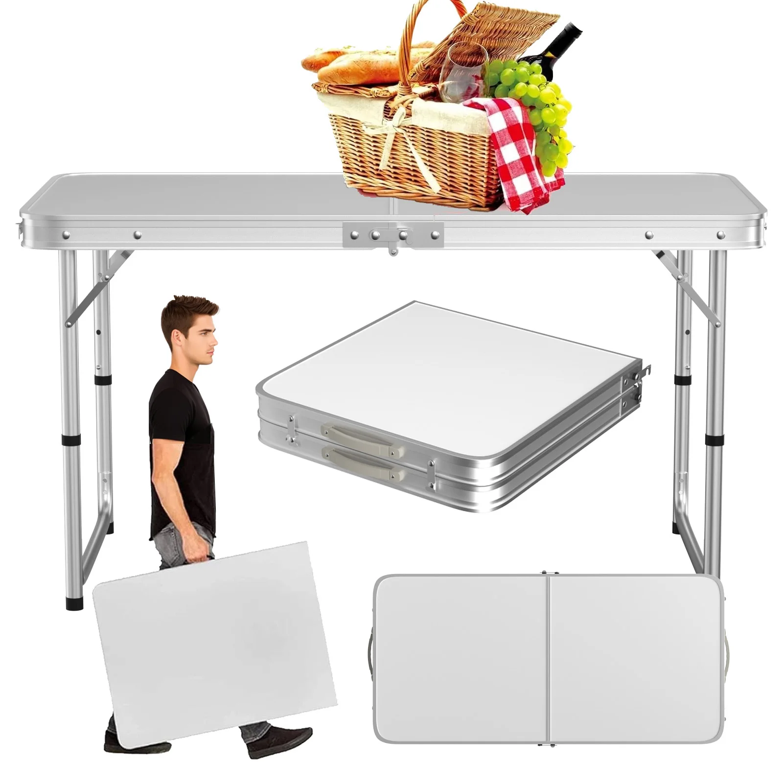 4FT Heavy Duty Folding Table Adjustable Height Pop-Up Trestle Table - 120x60x70/62/55cm, Waterproof Camping Table with Carry Han