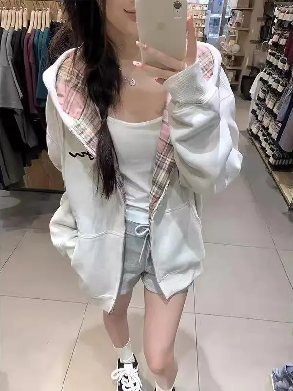 2025 Spring New Plaid Splicing Zipper Loose Women's Cardigan Coat Hooded Fce Sweatirt Korean Sle Long Sve Commute