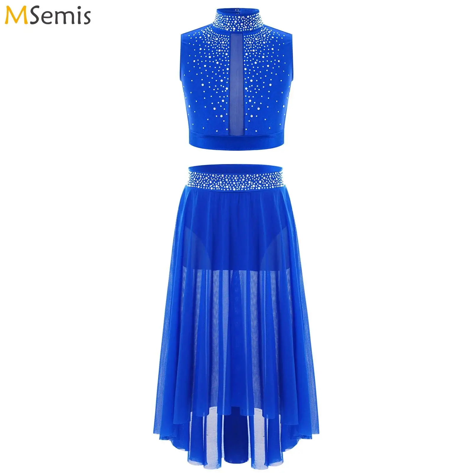 Girls Ballet Figure Skating Costume Sleeveless Rhinestones Crop Top with Mesh Skirt Praise Modern Dancewear Lyrical Dance Outfit