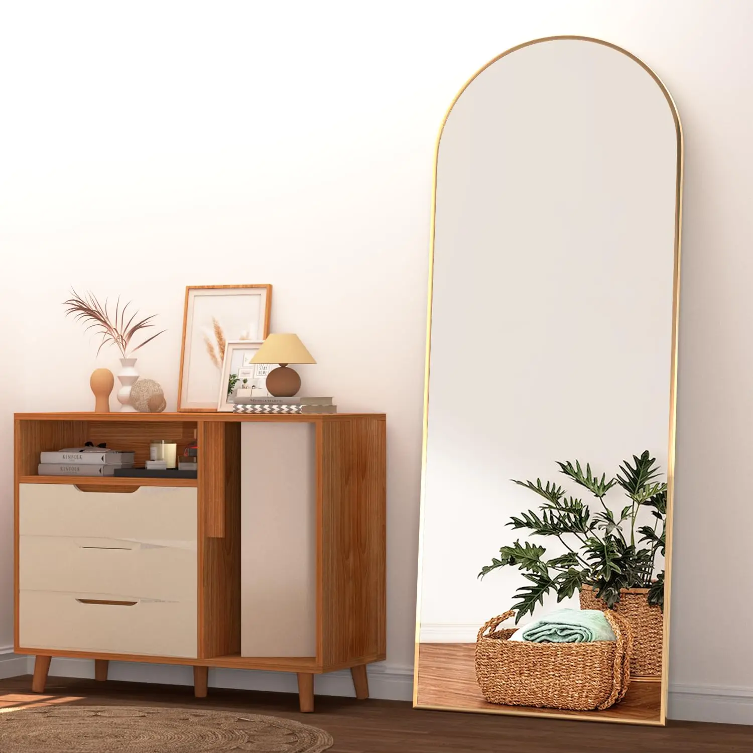 CASSILANDO Arched Full Length Mirror 162*53cm, Floor Standing Mirror, Unique Vertical Mirror, Gold Metal Frame Mirror