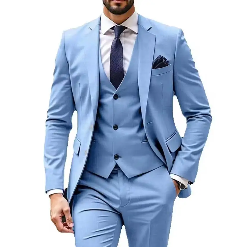 New Light Blue Men Suits 3 Piece Jacket Pants Vest Single Breasted Notch Lapel Formal Wedding Blazer High Quality Costume Homme