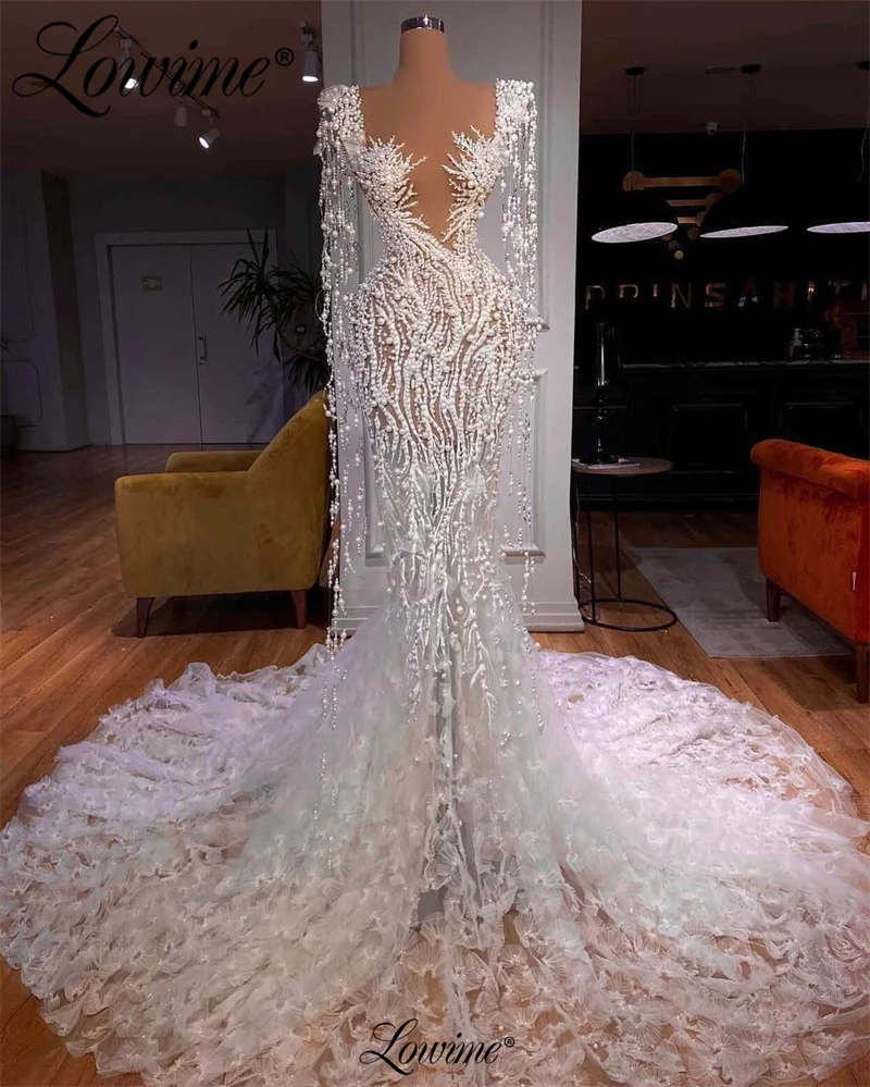 Gorgeous Arabic Long Evening Dress Heavy Pearl Beading Plus Size Mermaid Celebrity Dresses 2023 Customized Wedding Party Dress