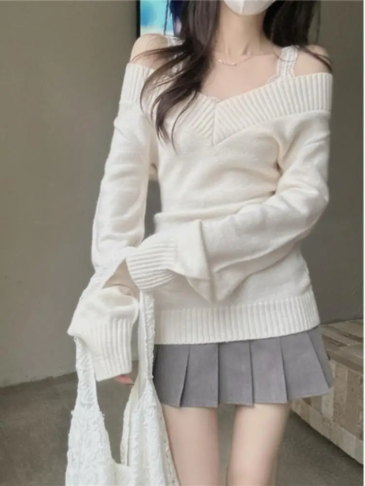 Women Retro V-Neck Slim Fit Long Sleeve Knitted Sweater Summer Soft Versatile Overhead Top Ins Commute Casual Wear