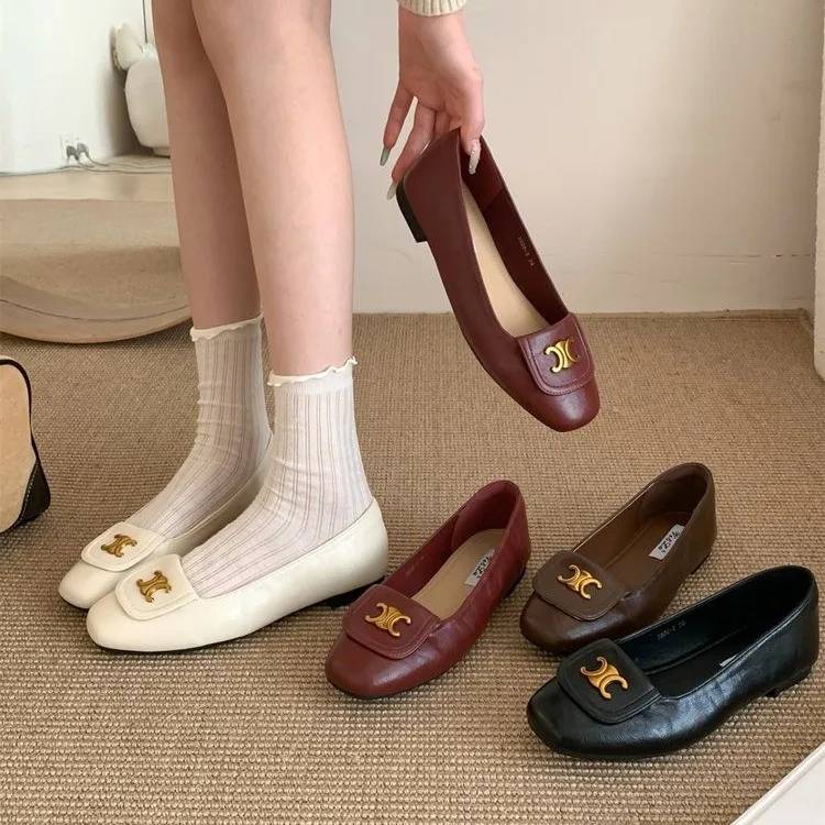 Classic Flats for Women Summer Casual Leather Slip on Square Toe Fashion Shoes for Women Solid Metal Decoration Casual Shoes