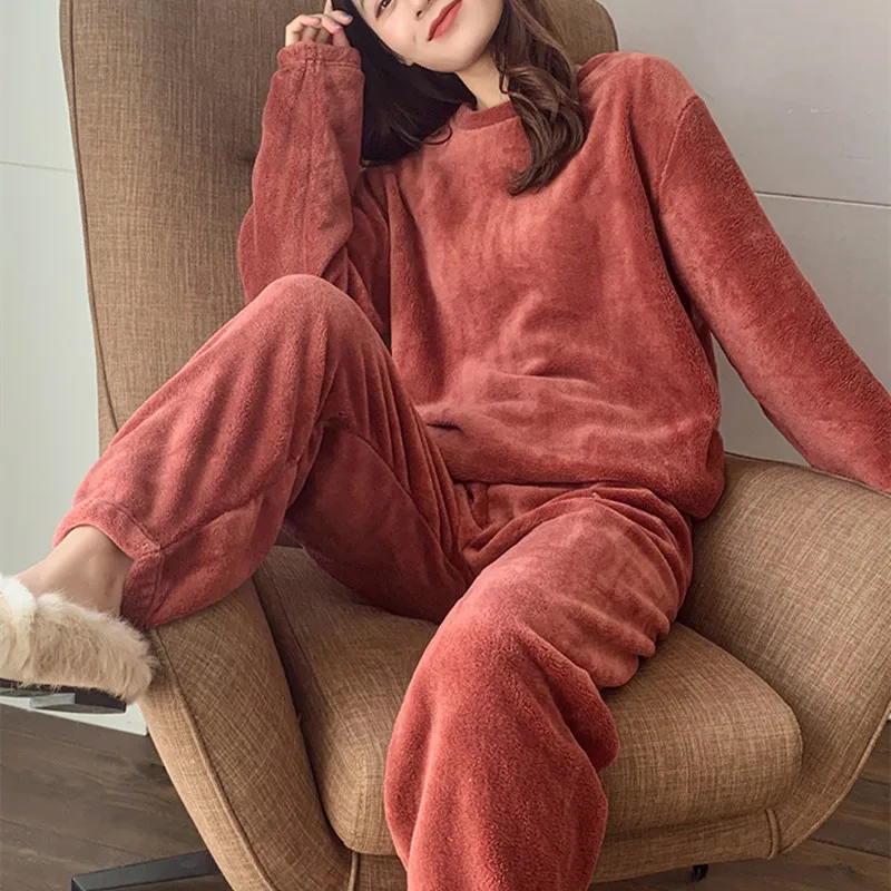 Thick Coral Fleece Warm Set Sleepwear Women's Two-Piece Set Warm Top Pants Women Thick Warmth Home Clothes Nightgown