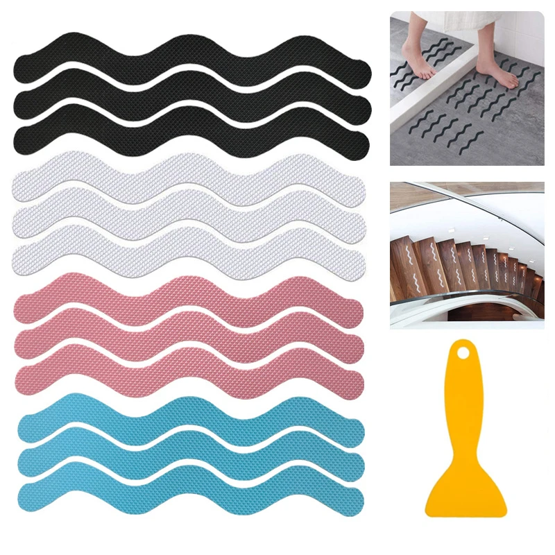 6/12/24Pcs Anti Slip Shower Stickers With Scraper Safety Bathtub Strips Adhesive Decal Waterproof For Bath Tub Shower Stairs