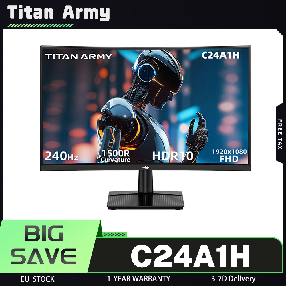 TITAN ARMY C24A1H Gaming Monitor 16:9 VA FHD, 23.6 Inches, 240Hz High Refresh & 1ms MPRT, HDR10, 1500R Curved Design,1920 x 1080