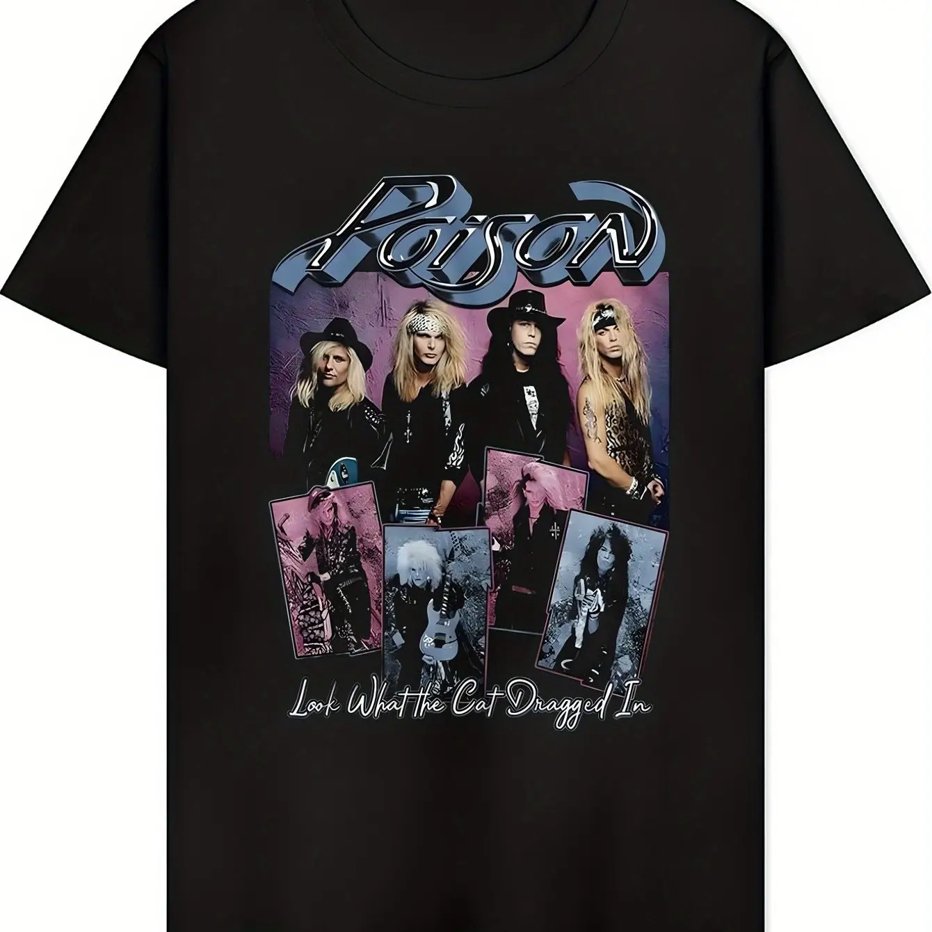Men's Poison Band Pattern T-Shirt - "Look At The Cat Dragged in" Vintage Rock Black Casual Short Sleeve Shirt