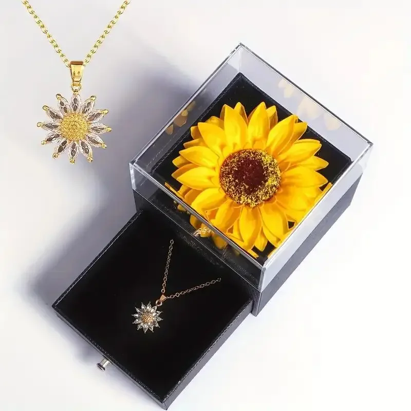 FTCY Sunflower Necklace With Gift Box For Women Dainty Stainless Steel Necklace Elegant Zircon Pendant Birthdays Jewelry Gift