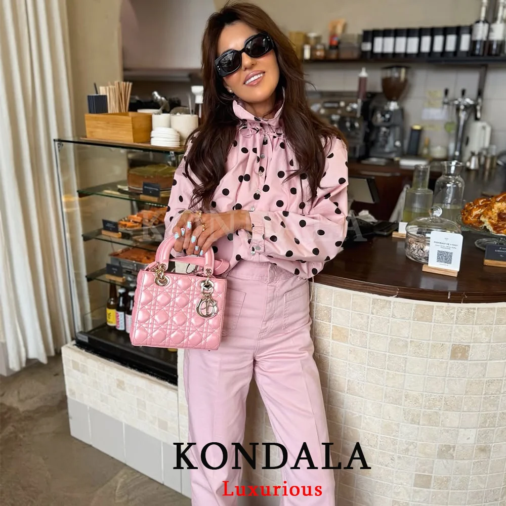 KONDALA Elegant Holiday Women Pink Polka Dot Jacket Bow Single Breasted Pockets Coat Fashion 2026 Spring Party Night Out Coat