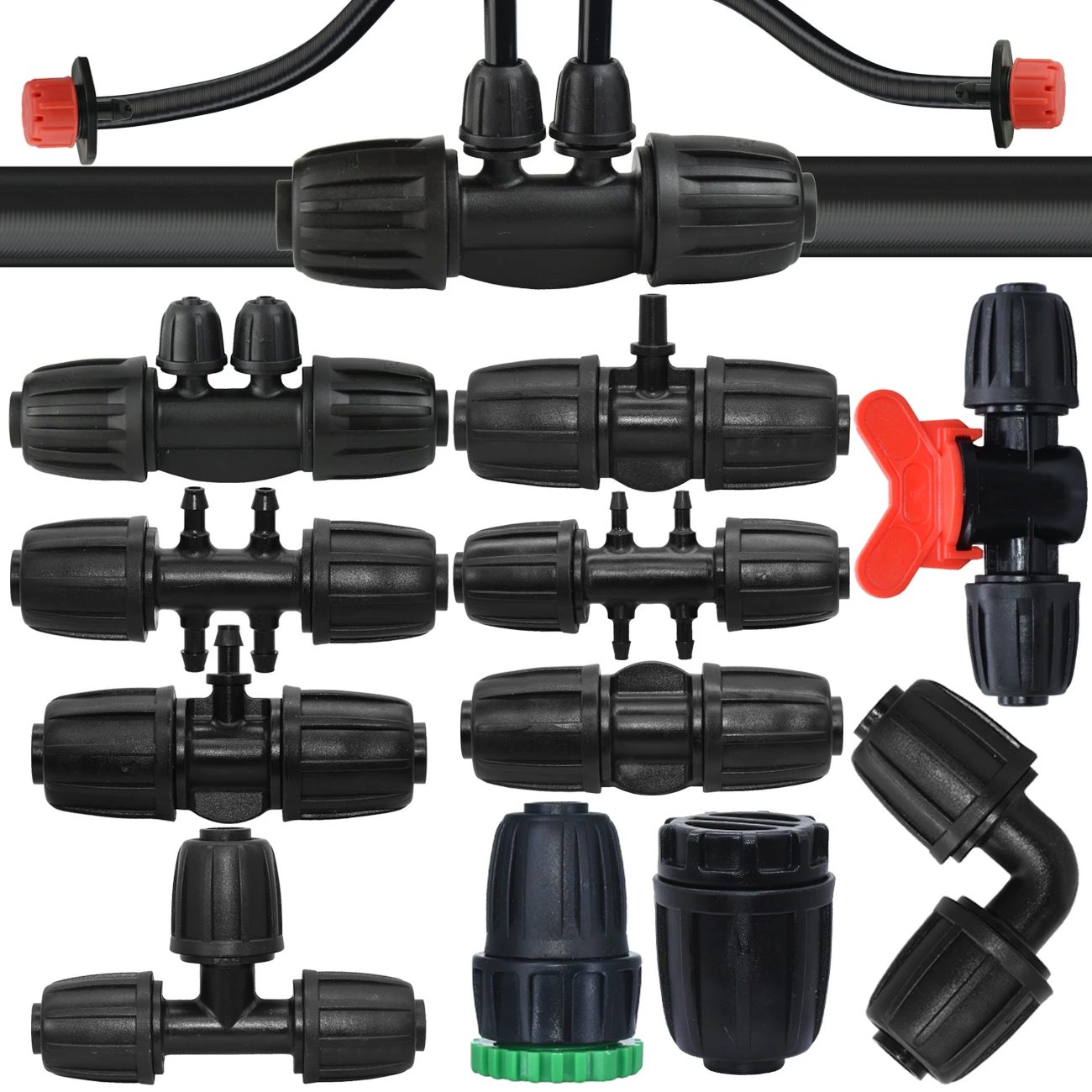 5pcs 1/2'' PE Pipe 16mm Connector Splitter Tee Coupling Threaded Lock to 4/7mm 3/5mm Hose Garden Watering Drip Irrigation