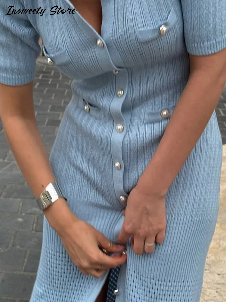 Elegant Solid Knitting Dress Women's Turn-down Collar Single Breasted Slim Mid-calf Dresses 2025 Autumn New Ladies Fashion Robes