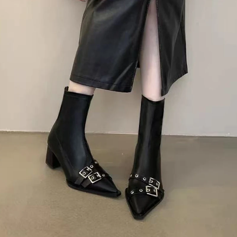 Pointed Toe High Heel Black Pu Leather Ankle Boots Women 2025 Winter Punk Metal Belt Buckle Chelsea Boots Woman's Short Booties