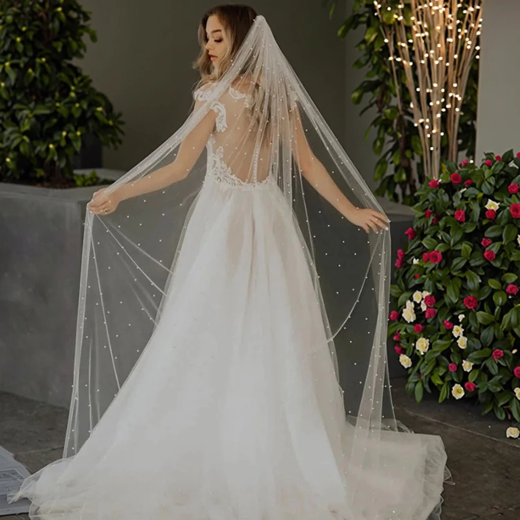 Elegant Pearl Beaded Bridal Veil with Comb Marriage Accessories Length 75cm/90cm/120cm/230cm/300cm