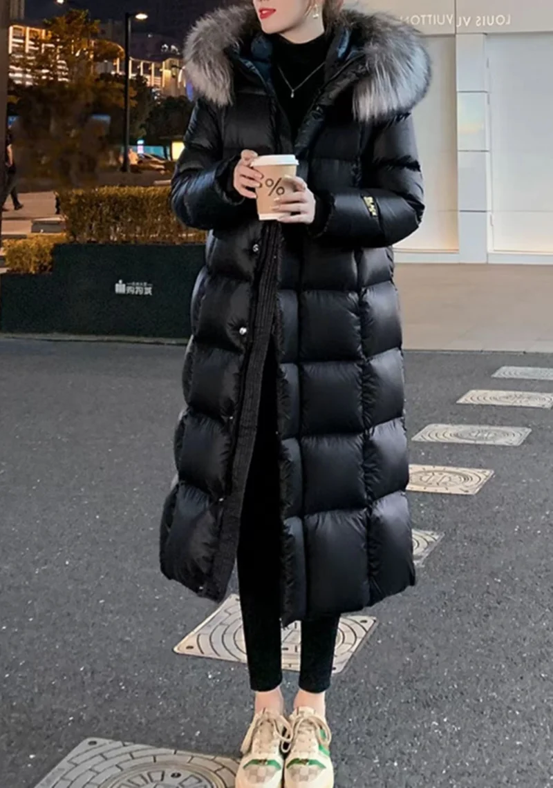 New Winter Fashion Long Sleeve High Neck Zipper Fur Collar Solid Color Slim Fit Hooded Down Jacket For Women