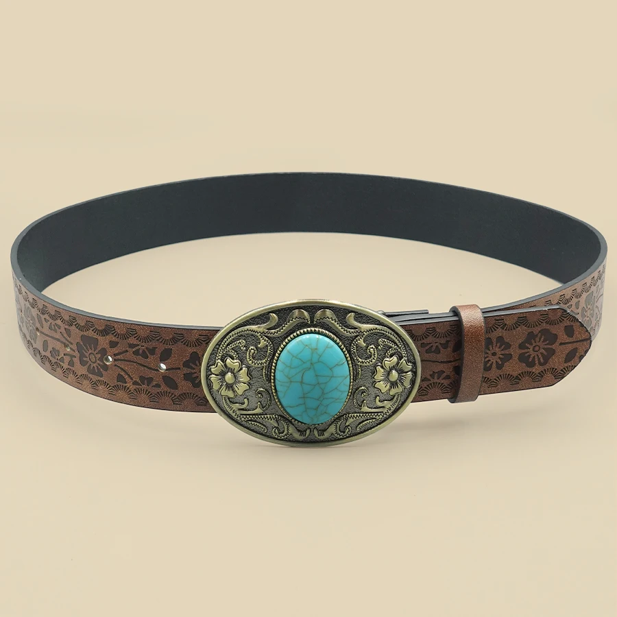Elegant Vintage Royal Women's Belt - Floral Design with Blue Turquoise Buckle, Perfect for Daily Commute & Travel