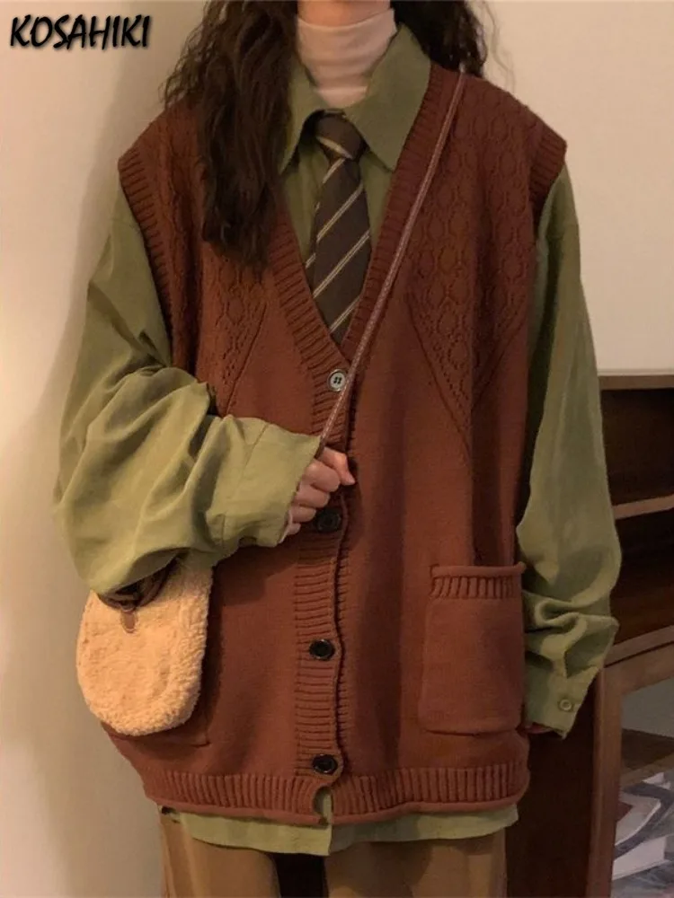 Autumn Grunge Loose Knitted Women's Tanks Casual All Match Sleeveless Pullovers Y2k Aesthetic Harajuku Streetwear Sweater Vest