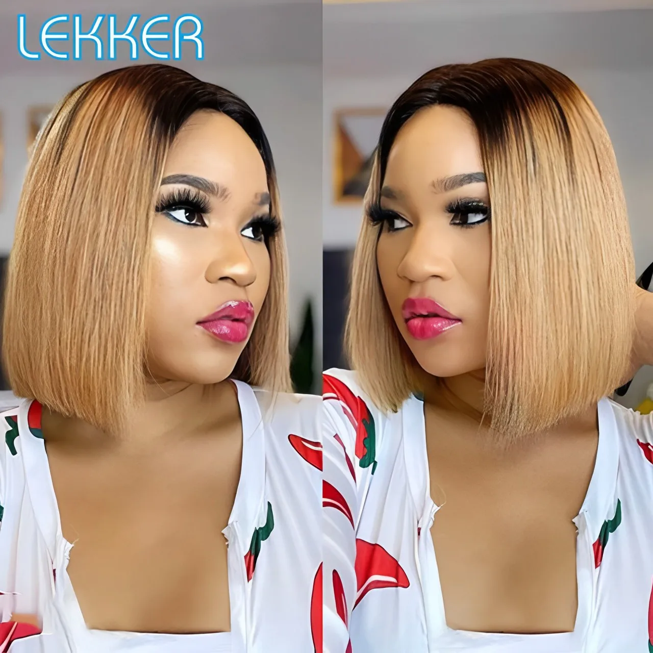 Lekker Ombre Blonde Short Straight Bob 13x1 T Lace Front 100% Human Hair Wigs For Women Glueless Brazilian Remy Hair Clearance