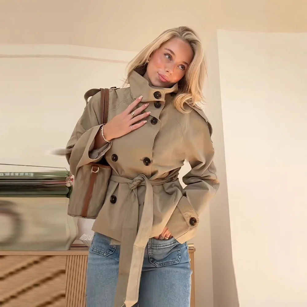 New Women's Solid Color Trench Coat Stand Collar Double Breasted Waist Tie Elegant Commuter Casual Loose Comfortable Warm Outfit
