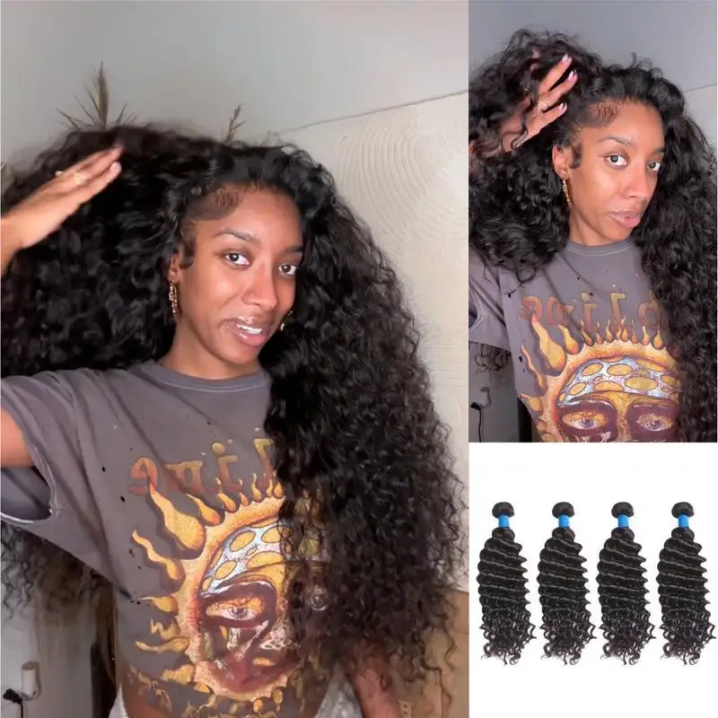 12A Brazilian Virgin 100% Human Hair Deep Wave Deep Curly Bundles Sew In Quick Weave Ponytail Closure Extensions 12-30 Inches