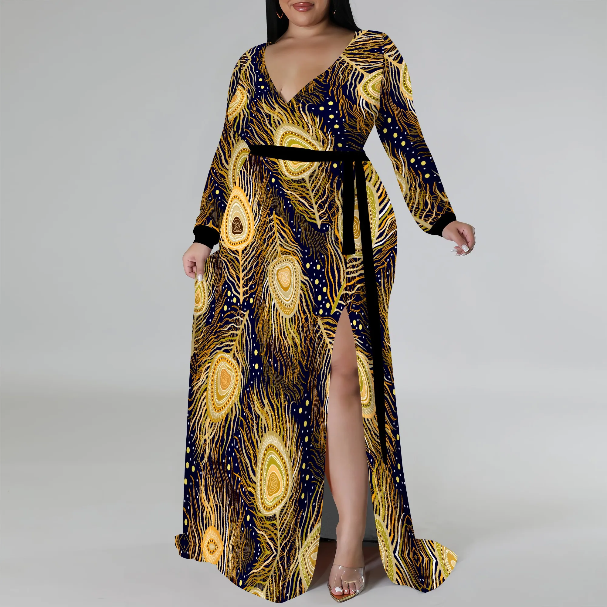 Plus Size Long Sleeve Peacock Feather Print Wrap Maxi Dress for Women, Elegant Party Dress with Side Slit for Special