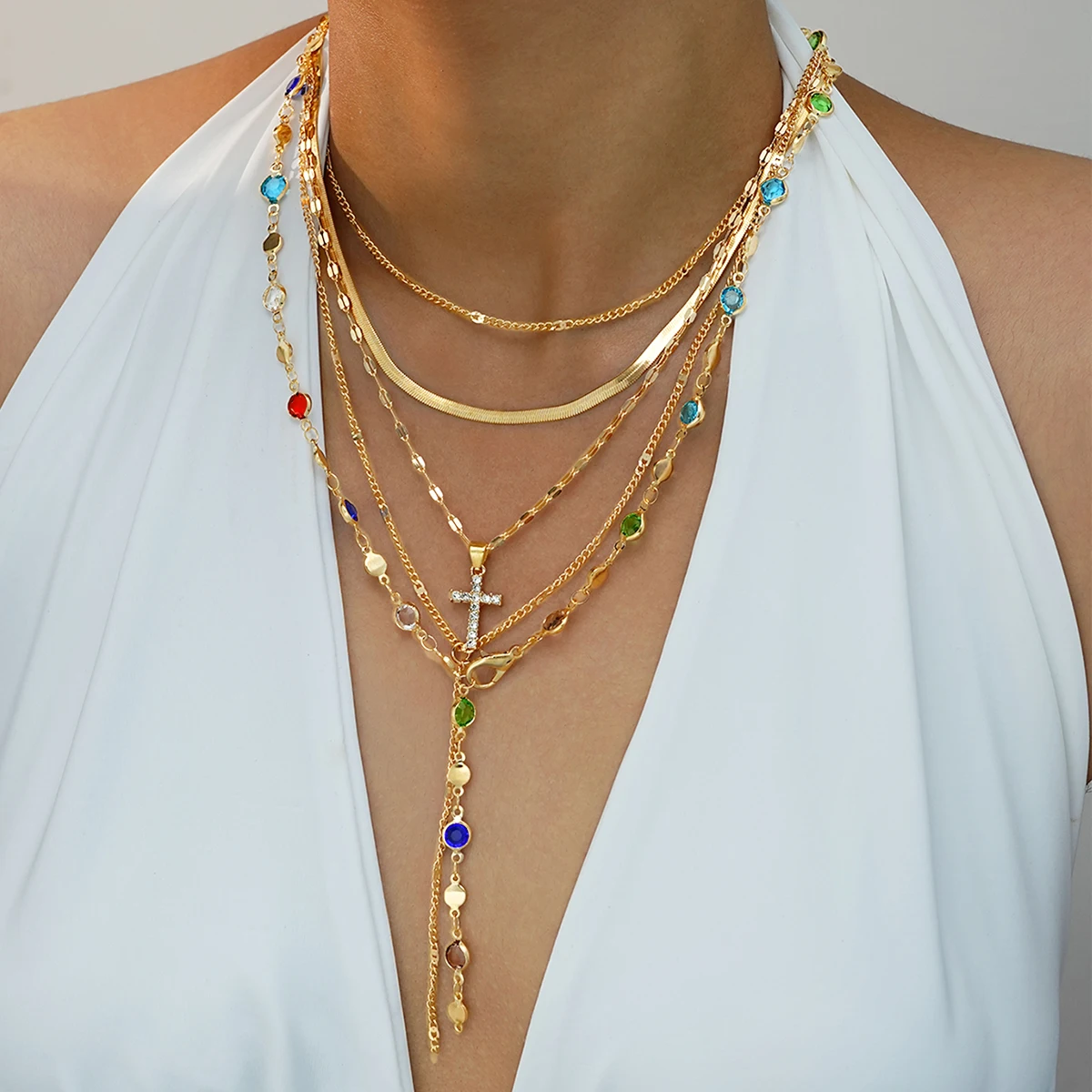 5pcs Vintage Metal Cross Pendant Y-Necklace Set for Women Boho Colorful Crystal Pendant Necklaces Daily Vacation Dating Jewelry