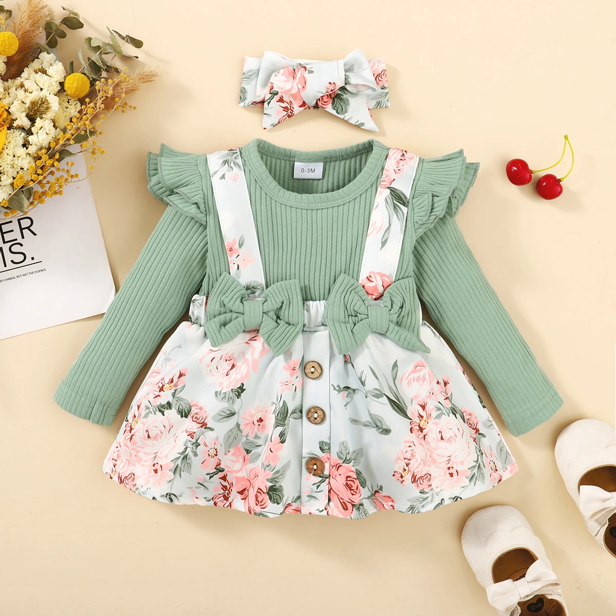 0-18 Months Newborn Baby Girl Clothes Baby Flower Romper Dress Long Sleeves Bodysuit+Headband Infant Girl 2PCS Cute Costume