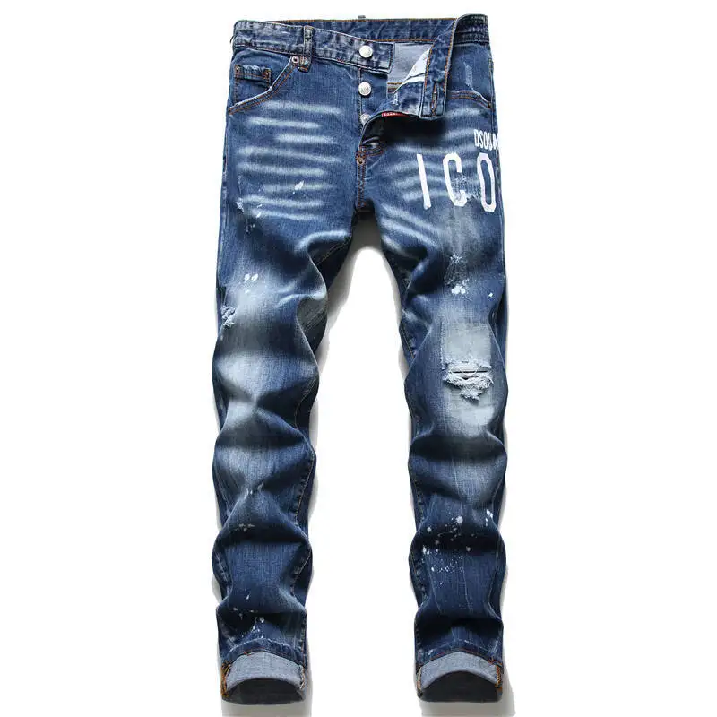 European and American autumn and winter new lacquerware men's slim fit letter printed elastic jeans tight beggar pants